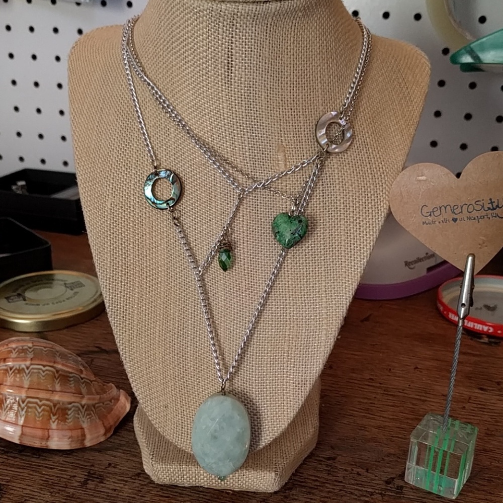Caged Aventurine Paua Zoisite Crystal Necklace Handmade Mermaid Nautical Boho